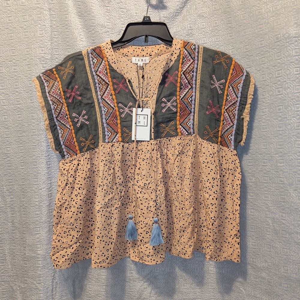 THML Embroidered Boho M Top Multicolor Leopard Print With Fringe At The Sleeves